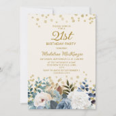 Dusty Blue White Floral Gold 21ste verjaardag Kaart (Voorkant)