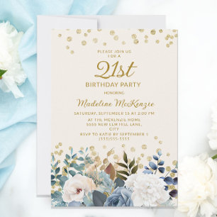 Dusty Blue White Floral Gold 21ste verjaardag Kaart