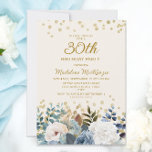 Dusty Blue White Floral Gold 30th Birthday Kaart<br><div class="desc">Elegant dusty blue en white roses,  floral en greenery women's 30e verjaardagsfeest met gouden glitter. Deze uitnodiging is aan beide zijden gedrukt. Neem contact met mij op voor hulp bij uw aanpassingen of om extra overeenkomende of coördinerende Zazzle-producten voor uw partij aan te vragen.</div>