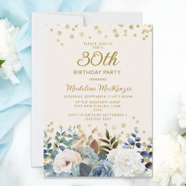 Dusty Blue White Floral Gold 30th Birthday Kaart