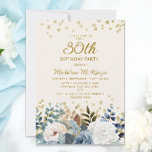 Dusty Blue White Floral Gold 30th Birthday Kaart