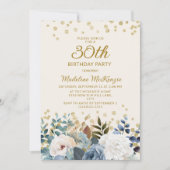 Dusty Blue White Floral Gold 30th Birthday Kaart (Voorkant)