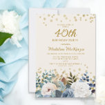 Dusty Blue White Floral Gold 40th Birthday Kaart<br><div class="desc">Elegant dusty blue en white roses,  floral en greenery women's 40e verjaardagsfeest met gouden glitter. Deze uitnodiging is aan beide zijden gedrukt. Neem contact met mij op voor hulp bij uw aanpassingen of om extra overeenkomende of coördinerende Zazzle-producten voor uw partij aan te vragen.</div>