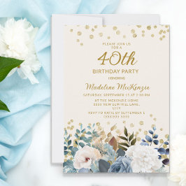 Dusty Blue White Floral Gold 40th Birthday Kaart