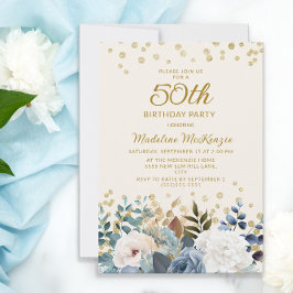 Dusty Blue White Floral Gold 50th Birthday Kaart