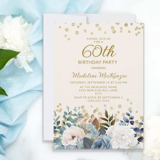 Dusty Blue White Floral Gold 60th Birthday Kaart