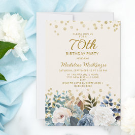 Dusty Blue White Floral Gold 70th Birthday Kaart