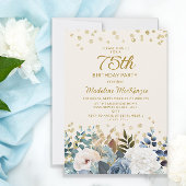 Dusty Blue White Floral Gold 75th Birthday Kaart