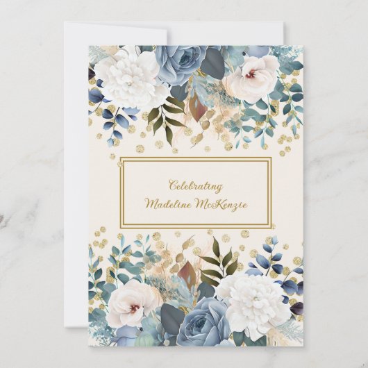 Dusty Blue White Floral Gold 75th Birthday Kaart (Achterkant)