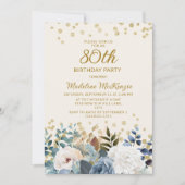 Dusty Blue White Floral Gold 80th Birthday Kaart (Voorkant)