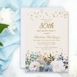 Dusty Blue White Floral Gold 80th Birthday Kaart<br><div class="desc">Elegant dusty blue en white roses,  floral en greenery women's 80ste verjaardagsfeest met gouden glitter. Deze uitnodiging is aan beide zijden gedrukt. Neem contact met mij op voor hulp bij uw aanpassingen of om extra overeenkomende of coördinerende Zazzle-producten voor uw partij aan te vragen.</div>