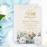 Dusty Blue White Floral Gold 90th Birthday Kaart<br><div class="desc">Elegant dusty blue en white roses,  floral en greenery women's 90ste verjaardagsfeest met gouden glitter. Deze uitnodiging is aan beide zijden gedrukt. Neem contact met mij op voor hulp bij uw aanpassingen of om extra overeenkomende of coördinerende Zazzle-producten voor uw partij aan te vragen.</div>