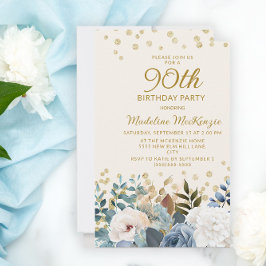 Dusty Blue White Floral Gold 90th Birthday Kaart