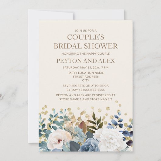 Dusty Blue White Floral Gold Couples Bridal Showe Kaart (Voorkant)