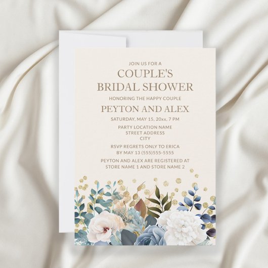 Dusty Blue White Floral Gold Couples Bridal Showe Kaart