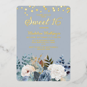 Dusty Blue White Floral Gold Glitter Sweet 16 Folie Uitnodiging