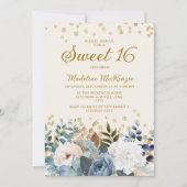 Dusty Blue White Floral Gold Glitter Sweet 16 Kaart (Voorkant)