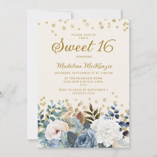 Dusty Blue White Floral Gold Glitter Sweet 16 Kaart (Voorkant)