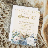 Dusty Blue White Floral Gold Glitter Sweet 16 Kaart