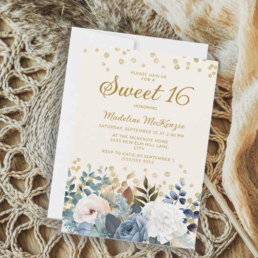 Dusty Blue White Floral Gold Glitter Sweet 16 Kaart