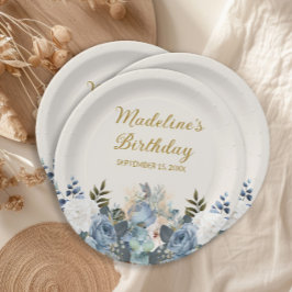 Dusty Blue White Floral Gold Happy Birthday Name Papieren Bordje