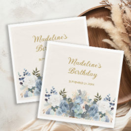Dusty Blue White Floral Gold Happy Birthday Name Servet