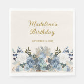 Dusty Blue White Floral Gold Happy Birthday Name Servet (Voorkant)