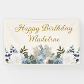 Dusty Blue White Floral Gold Happy Birthday Name Spandoek (Horizontaal)