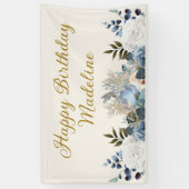 Dusty Blue White Floral Gold Happy Birthday Name Spandoek (Verticaal)