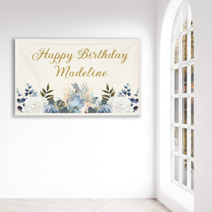 Dusty Blue White Floral Gold Happy Birthday Name Spandoek
