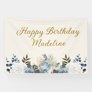 Dusty Blue White Floral Gold Happy Birthday Name Spandoek