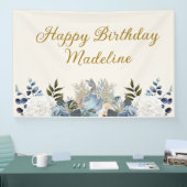Dusty Blue White Floral Gold Happy Birthday Name Spandoek (Beurs)