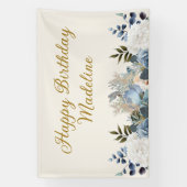 Dusty Blue White Floral Gold Happy Birthday Name Spandoek (Verticaal)