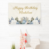 Dusty Blue White Floral Gold Happy Birthday Name Spandoek (Insitu)