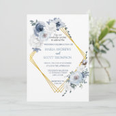 Dusty Blue White Floral Gold Lijst Wedding Kaart (Staand voorkant)