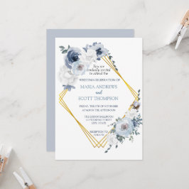 Dusty Blue White Floral Gold Lijst Wedding Kaart
