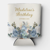 Dusty Blue White Floral Gold Verjaardagsnaam Blikjeskoeler (Voorkant)