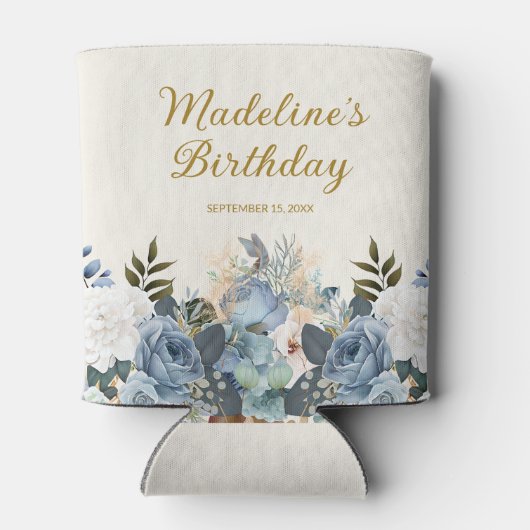 Dusty Blue White Floral Gold Verjaardagsnaam Blikjeskoeler (Achterkant)