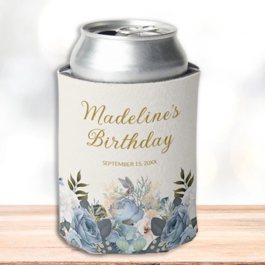 Dusty Blue White Floral Gold Verjaardagsnaam Blikjeskoeler