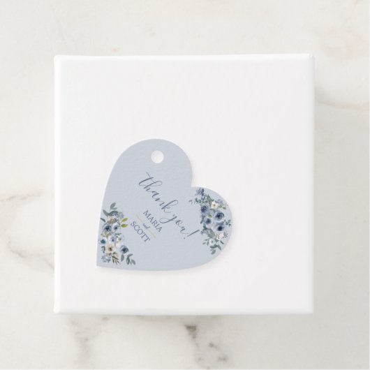 Dusty Blue White Floral Gold Wedding Favor Labels (In situ)