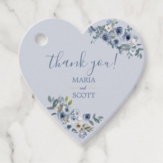 Dusty Blue White Floral Gold Wedding Favor Labels (Voorkant)