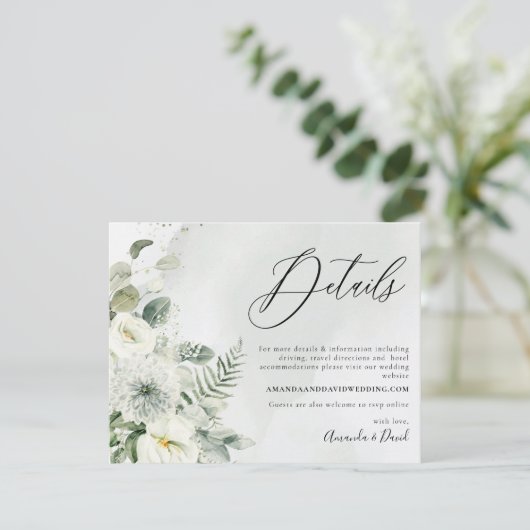 Dusty Blue & White Floral Greenery Foliage Details Informatiekaartje (Staand voorkant)