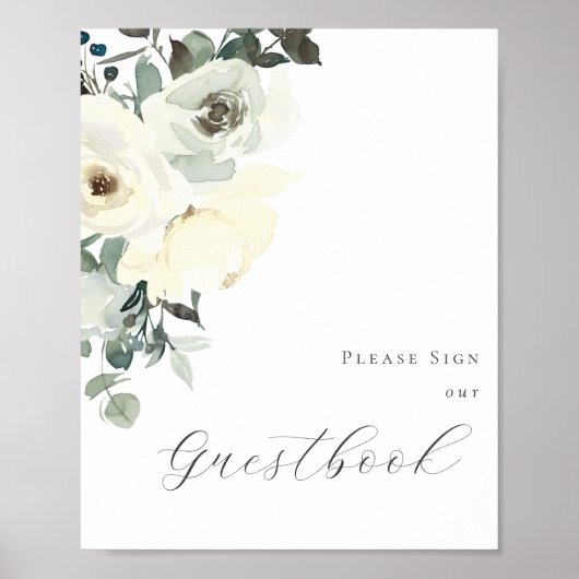 Dusty Blue & White Floral Guestbook Sign Poster (Voorkant)