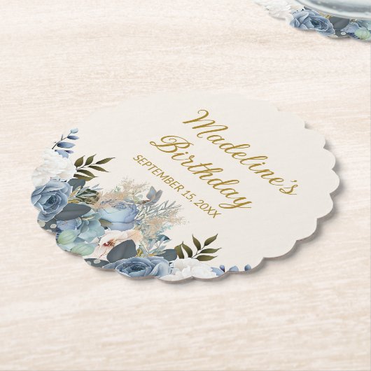 Dusty Blue White Floral Happy Birthday Name Kartonnen Onderzetters (Gekanteld)