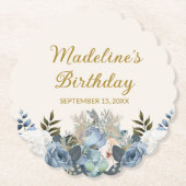 Dusty Blue White Floral Happy Birthday Name Kartonnen Onderzetters (Voorkant)