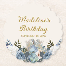 Dusty Blue White Floral Happy Birthday Name Kartonnen Onderzetters