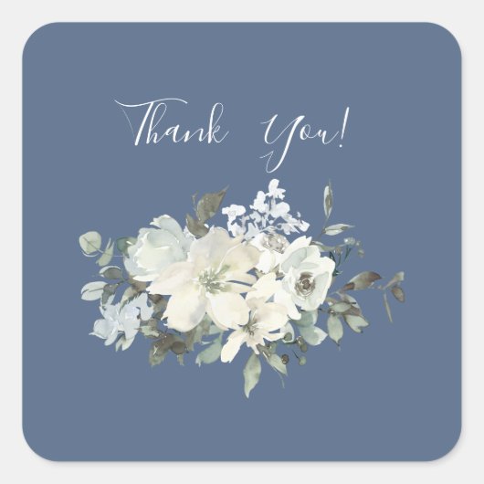 Dusty Blue & White Floral Hartelijk dank - Blauw Vierkante Sticker (Voorkant)
