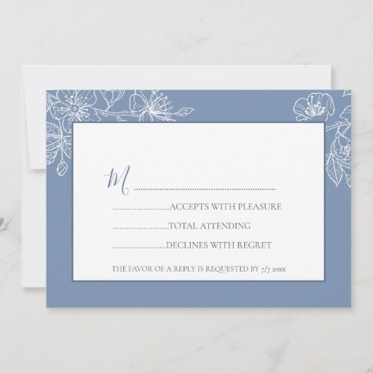 Dusty Blue White Floral Line Art RSVP Kaart (Voorkant)