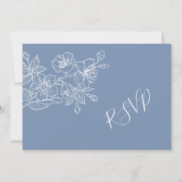 Dusty Blue White Floral Line Art RSVP Kaart