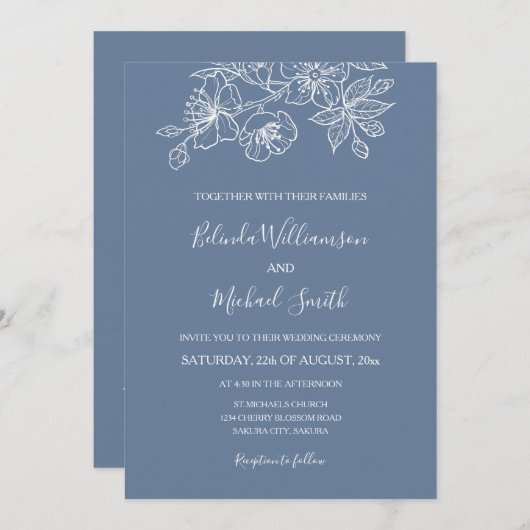 Dusty Blue White Floral Line Art | Weddenschap Kaart (Voorkant / Achterkant)
